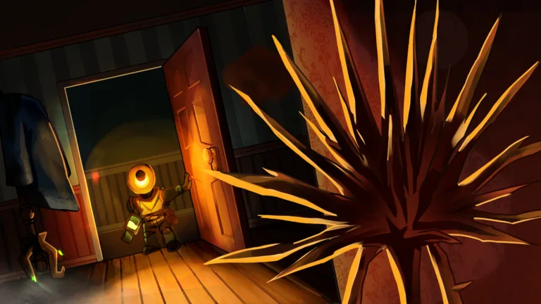 Clean Crew cleaner opening an apartment door while a monster claw reaches into the room
