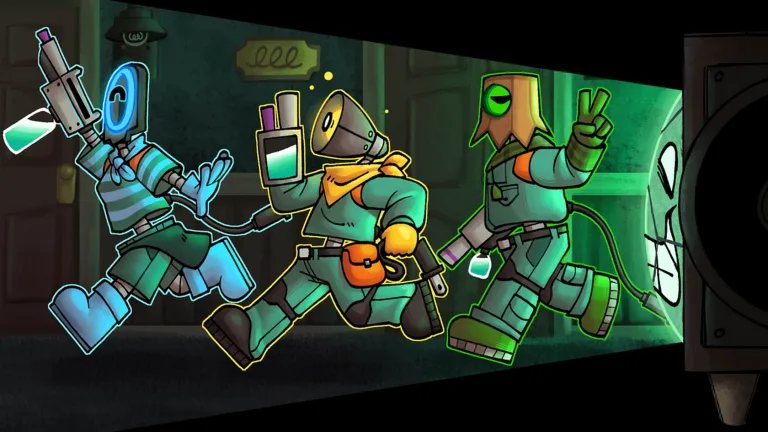 Three Clean Crew cleaners running through a green apartment corridor